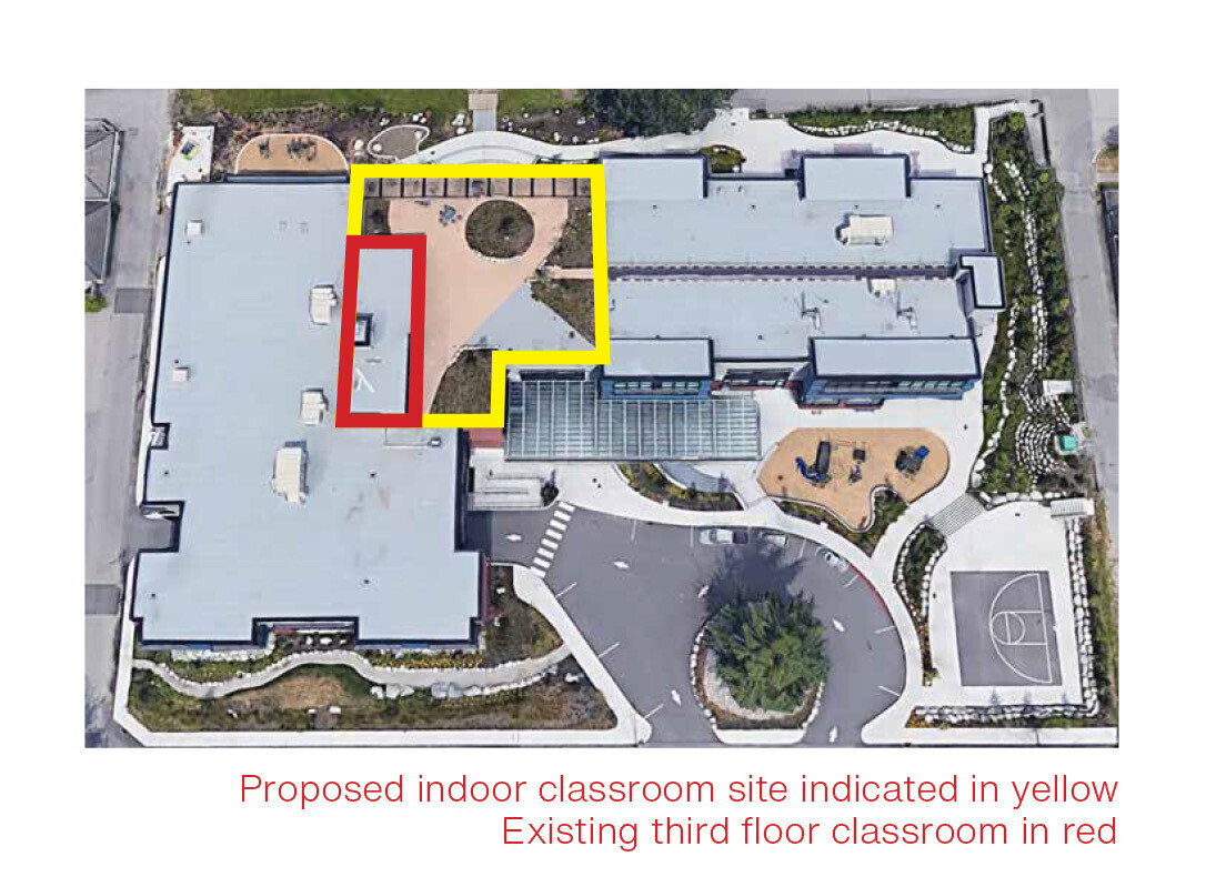 Google Map Sky view image of the school rooftop with markings showing new project build site