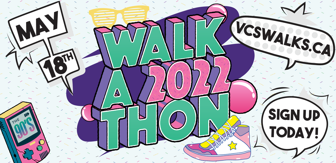 1990's themed banner advertising the 2022 Walk-a-thon