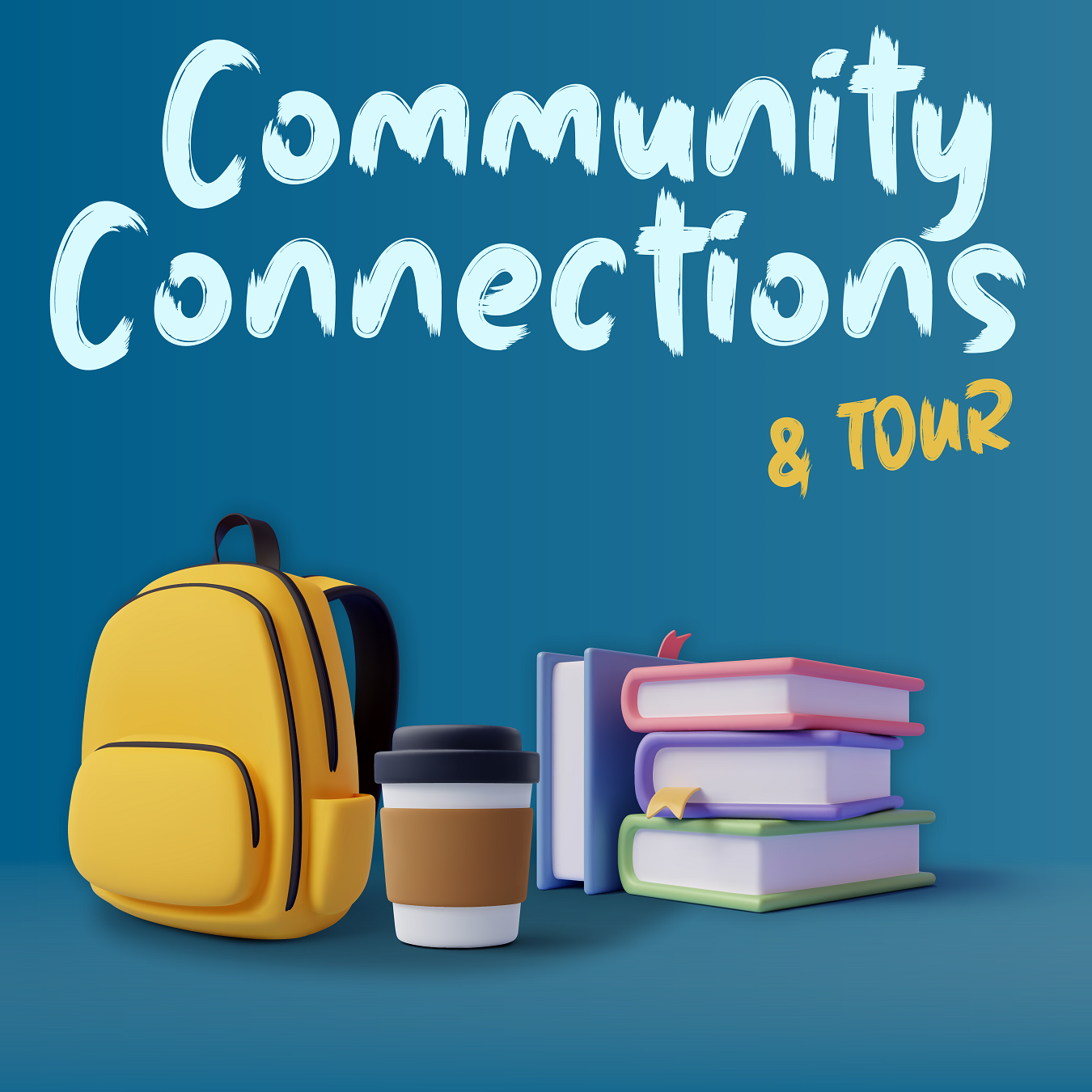 Image of backpack books and coffee for Community Connections  Tour events