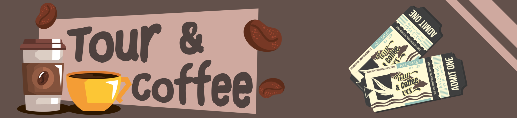Banner with Tour and Coffee Text. Image of coffee cup and beans